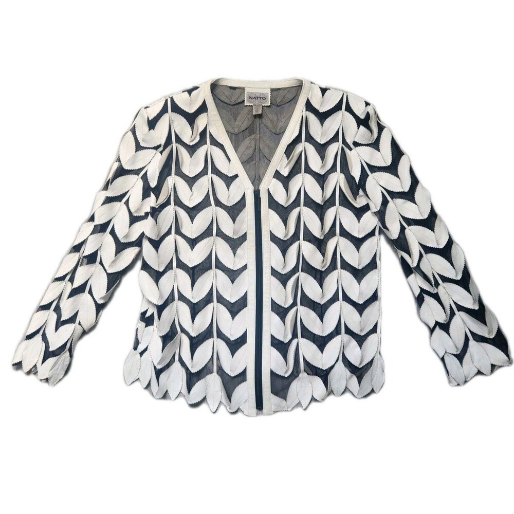 VTG NATTO Genuine Leather Leaf Mesh Jacket Womens XL White Black Zip Sheer GUC